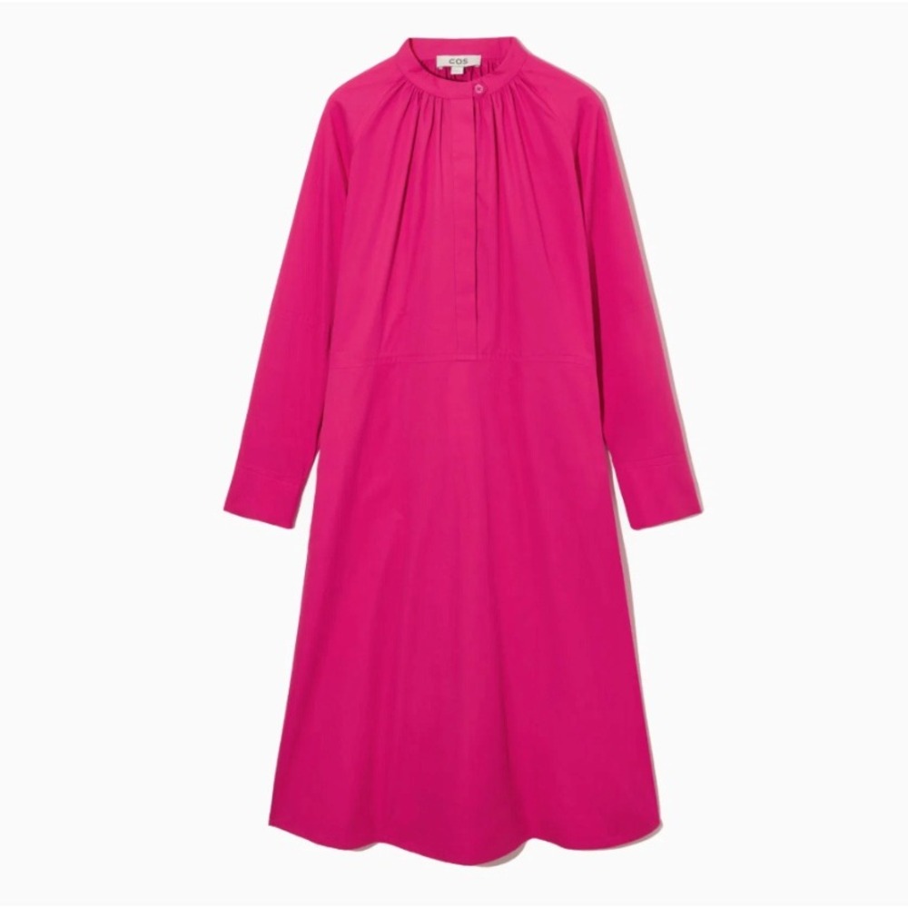 COS Relaxed-Fit Gathered Midi Shirt Dress Band Collar Poplin Pink Size 2